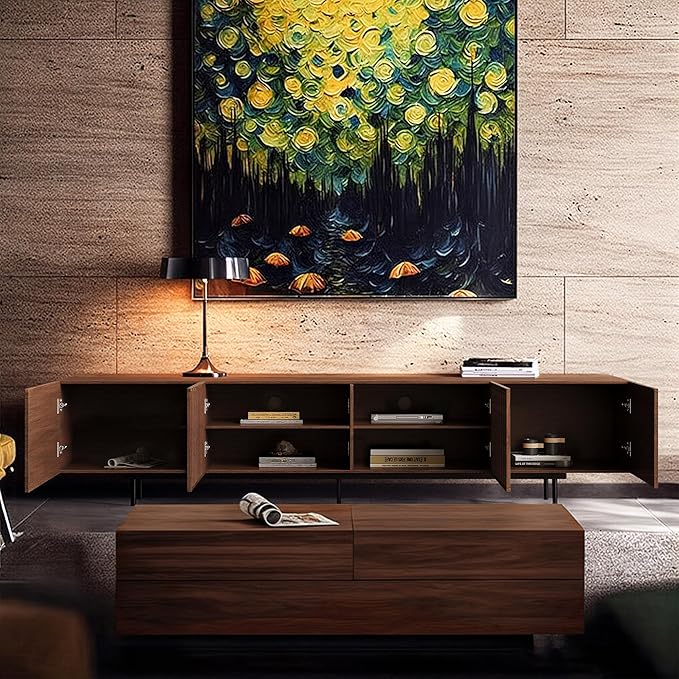 Mid Century Modern TV Stand with 4 Doors 70.87 Inch Wide Entertainment Center TV Console for Living Room Bedroom Media Console TV Cabinet with Storage Walnut