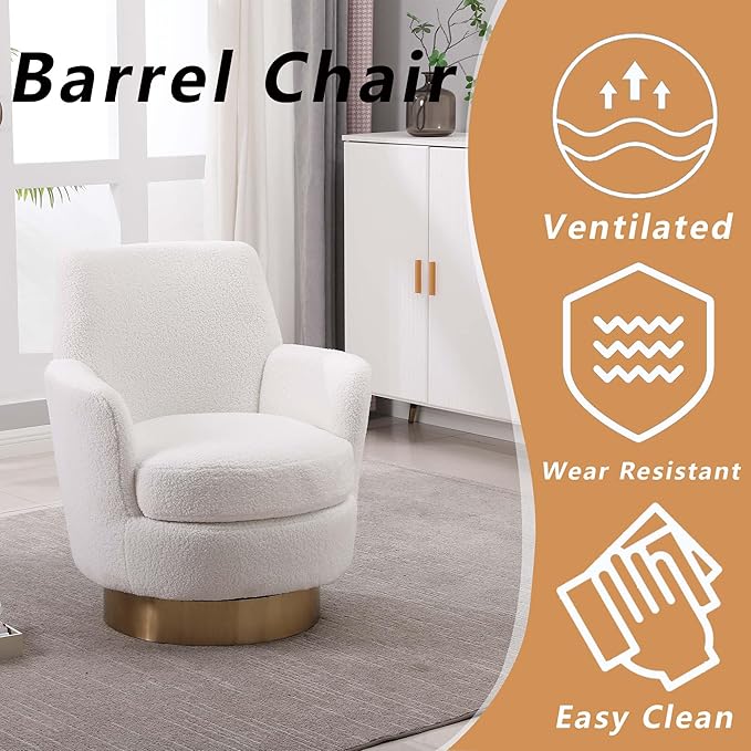 Teddy Swivel Accent Chairs for Living RoomComfy Swivel Barrel Chair with Foam Cushion Round Swivel Chair &amp Boucle Swivel Chair with High Back Round Armrest Gold Base (White)