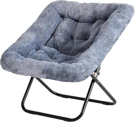 Foldable Saucer Chair with Soft Faux Fur Multi-Scene Lounge Chair for Living Room Bedroom Reading Chair for Adults &amp KidsMoon Chair (Gray)