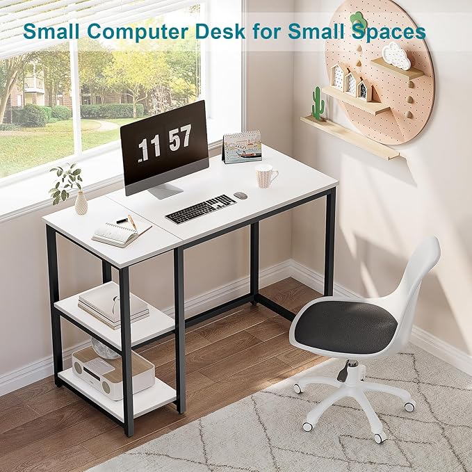 SINPAID Computer Desk 47 inches with 2-Tier Shelves Sturdy Home Office Desk with Large Storage Space Modern Gaming Desk Study Writing Laptop Table White Desk