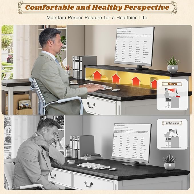 EnHomee 55 L Shaped Farmhouse Computer Desk with Drawers Office Desk with Long Monitor Stand &amp Storage Shelves for Bedroom Desk for Home Office Desks with Power Outlets &amp LED Lights Study
