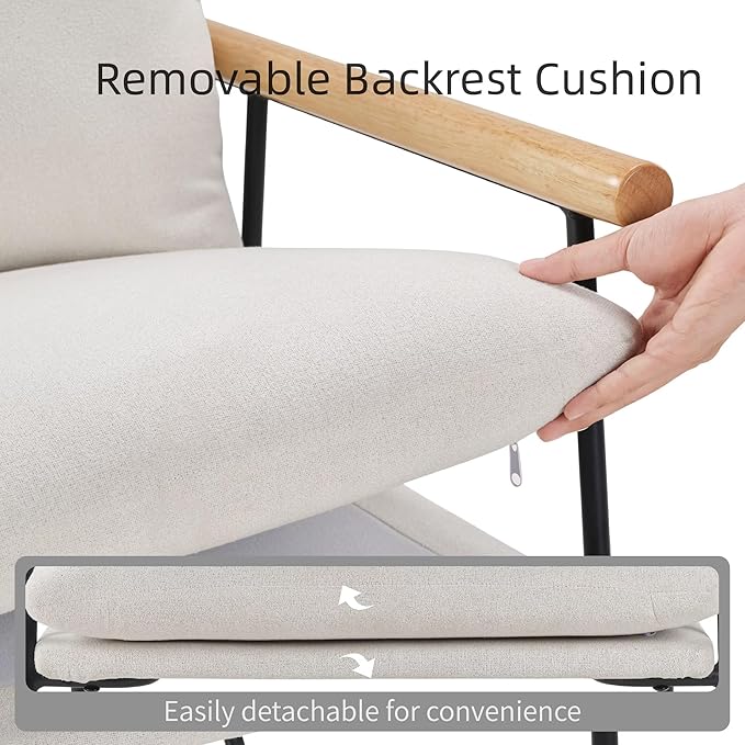 Modern Accent Chair with Removable Cushion &amp Wood Armrests - Ergonomic Vanity Chair for Living Room Bedroom Balcony 396lbs Capacity Corduroy Fabric Comfy Chair with Easy Assembly (White)