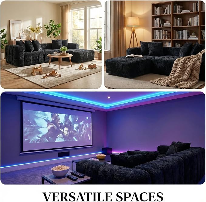 107.9“Cloud Sectional Boneless Couch Modular Sofa with Deep Seat 5 Pillows L-Shaped Free Combination Soft Boucle Fabric 1400 lbs Capacity Living Room Apartment. (Black Right Hand Facing) | No Assembl