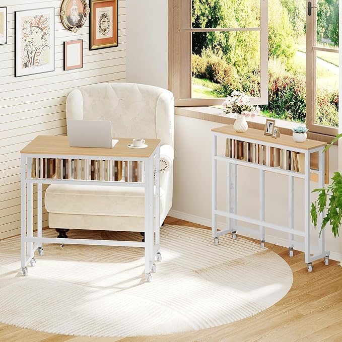 Folding Computer Desk with Storage Shelf 25.2 Rolling Folding Desk with Wheels for Small Spaces Living Room Bedroom Office White and Natural DN08WN
