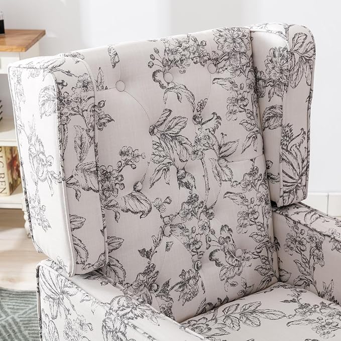DUOMAY Tufted Accent Chair Set of 2 Modern Linen Upholstered Wingback Side Arm Chair for Living Room Bedroom with Wood Legs Comfy Reading Guest Chair for Office Beige Flower Pattern
