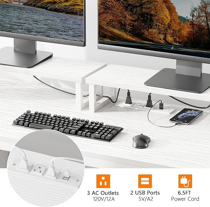 Furologee 47 Computer Desk with File Cabinet and Power Outlets Home Office Desk with 2 Monitor Stands and Storage Drawer Writing Gaming Table with Shelves and 2 Hooks for Bedroom White