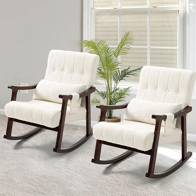 AVAWING Teddy Upholstered Rocking Chair Set of 2 Small Glider Rocker with 2-Point Massage Lumbar Pillow and Solid Wood Legs for Nursery and Living Room White