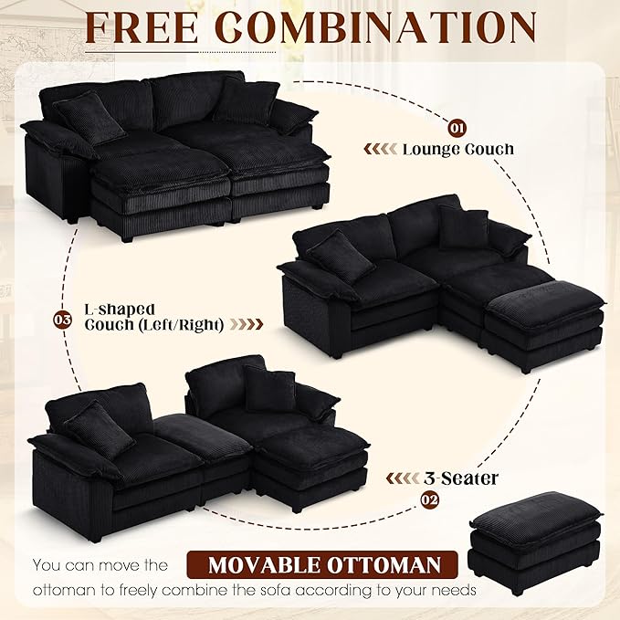 Oversized Chaise Lounge Chair Indoor with Ottoman 80.5W Corduroy Upholstered Modern Loveseat Sofa Deep Seat Modular Sectional Cloud Couch Sofa Comfy Reclining Sleeper Chair for Living Room Black