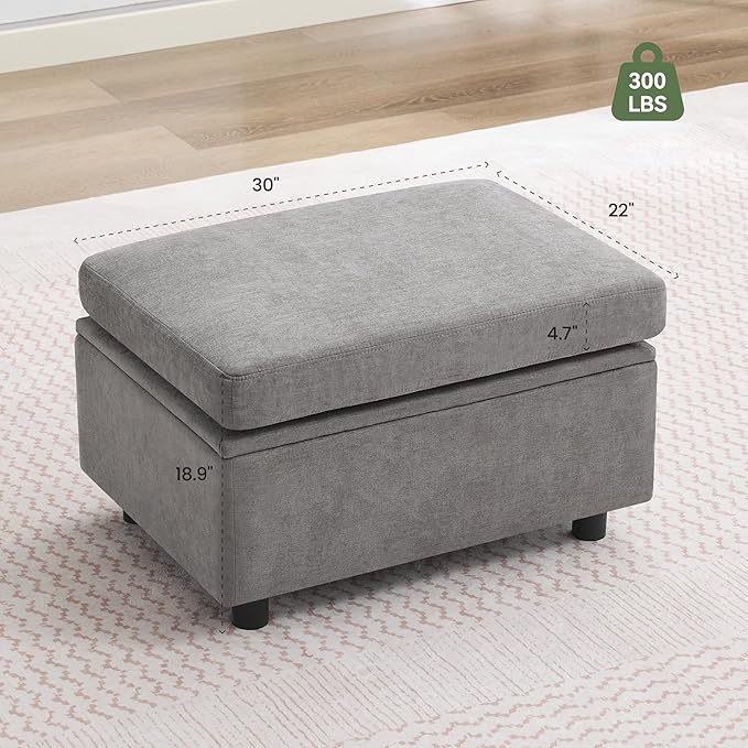 30 Storage Ottoman with Seating for Modular Sectional Sofa Chenille Upholstered Rectangular Ottoman Bench with Safety Hinge for Couch Living Room Bedroom Office Apartment Light Grey