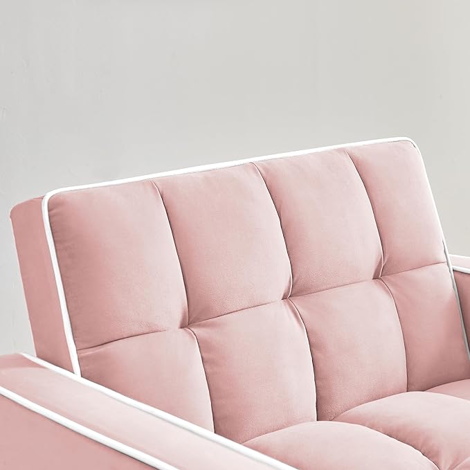 3-in-1 Velvet Chair-bed Adjustable Backrest Pull-out Chaise Lounger Tufted Cushioning Side Organizer Pocket Space-saving Convertible Seating for Living Room Apartment Guestroom Office (Pink)