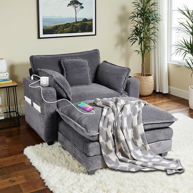 Oversized Chair with OttomanOversize Chaise LoungeReading Boneless Sofa BedChaise Lounge Chair Indoor with Side PocketSleeper Couch with USB&ampCup HolderCorduroy Sofa Couch for Living Room (Gre