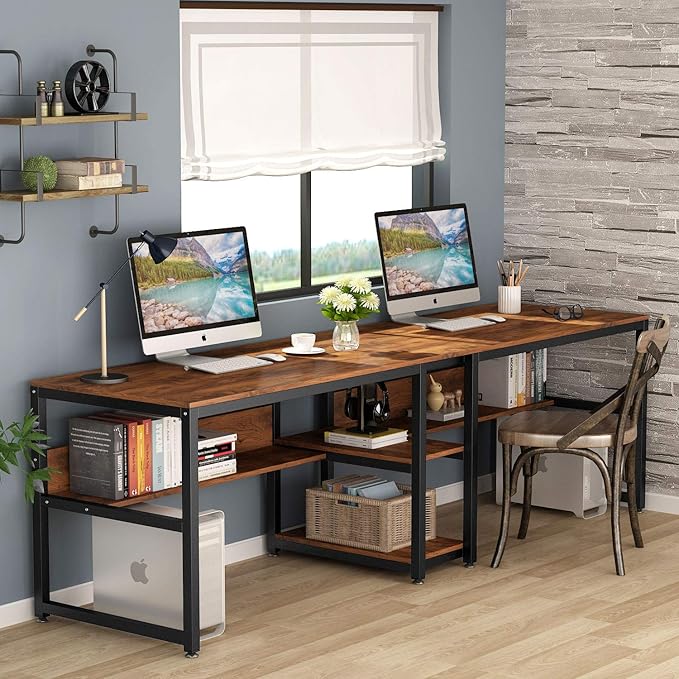 Tribesigns Two Person Desk with Bookshelf 78.7 Computer Office Double Desk for Two Person Rustic Writing Desk Workstation with Shelf for Home Office (Brown)