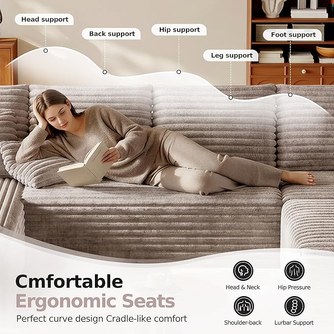 134.6 Modular Sectional Sofa with Deep Seat Boneless U Shaped Corduroy Couch Modern Comfort Cloud Couch Oversized for Living Room No Assembly (Camel)