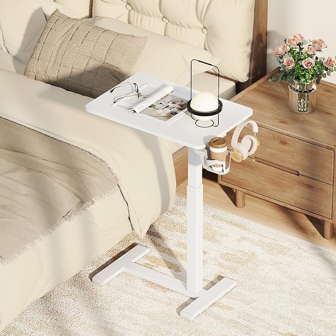 GOFLAME Rolling Standing Desk C Shaped End Table Adjustable Height with Hidden Wheels Cup Holder &amp Headphone Hook Mobile Sofa Couch Bed Side Table for Living Room Home Office (White)