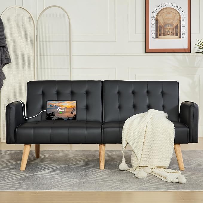 TYBOATLE Faux Leather Convertible 65'' Folding Futon Sofa Bed w/ 2 USB Loveseat for Small Space Apartment Dorm Living Room Office Black