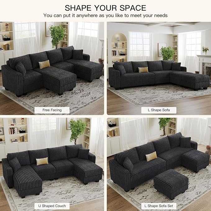 Belffin U Shaped Couch with Reversible Chaises Sectional Couches for Living Room Sectional Couch with Ottomans Corduroy (Dark Grey U Shaped)