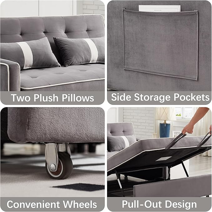 Convertible Velvet Sofa Bed with Pull-Out Bed &amp Side Storage Pockets Modern Sleeper Sofa for Living Room Apartment Small Spaces and Bedroom (Grey-1)