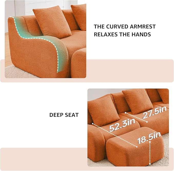 Orange L-Shaped Cloud Couch with 1 Ottoman Modern Teddy Fabric Boneless Sectional Sofa in a Box Modular Floor Sofa for Living Room Deep Seat No Assembly Required Sofas para Sala