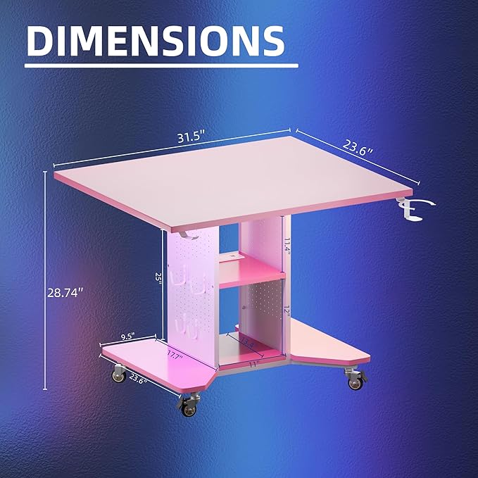 Pamray Small Rolling Gaming Desk with Led Lights Power Outlets and Storage Pegboard Small Spaces Compact PC Computer Table Pink