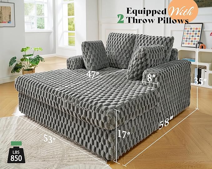 Jocisland 58 Inch Oversized Chaise Lounge Plush Sofa Bed with Throw Pillows and Armrests Upholstered Sleeper Chair- Comfy Chair Bed for Living Room Ash Grey