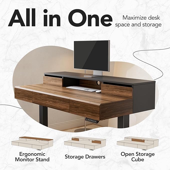 HUANUO Standing Desk with Drawers 48 Inches Electric Height Adjustable Desk with Storage Whole-Piece Board Sit Stand Up Desk with Monitor Shelf Black Walnut