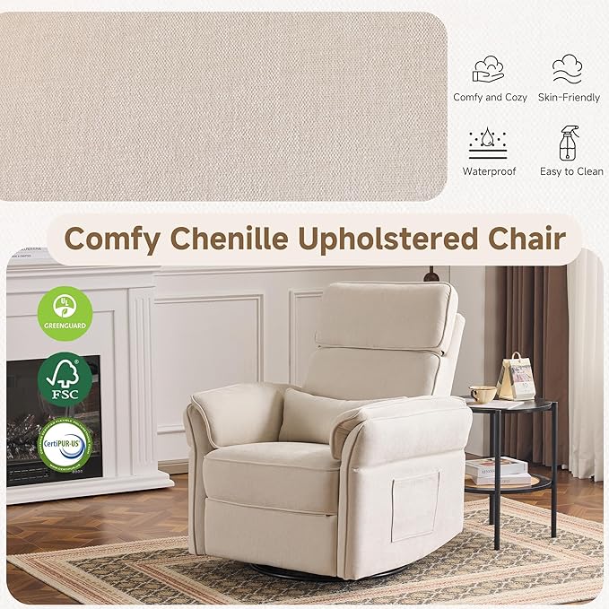 MELLCOM Power Recliner Rocking Chair Nursery Gliders with Adjustable Armrests and Headrest Swivel Electric Glider Reclining Nursing Chair with Storage Bags and USB Port FSC CertifiedBeige Fabric