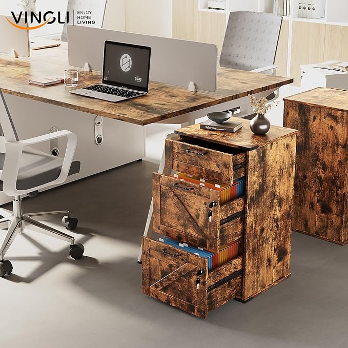 VINGLI 3 Drawer File Cabinet with Lock Home Office Filing Organizer for Letter Size File Folder Storage Modern Farmhouse Style Wood Vertical Filing Cabinet Archivador (Rustic Brown)