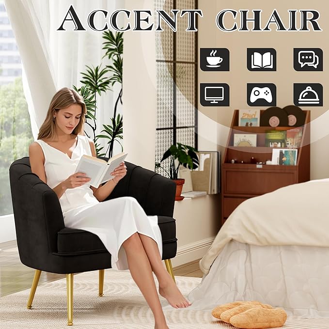 Andeworld Velvet Accent Chair Upholstered Modern Single Sofa Side ChairComfy Barrel Club Living Room Armchair with Golden Metal Legs for Bedroom Living Reading Room Office Black