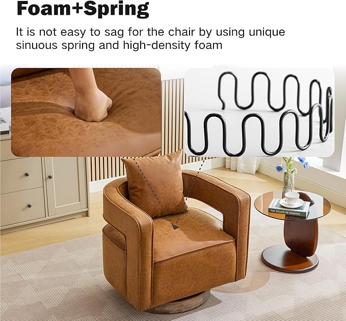 Chifee &amp Vingol 29.1 PU Leather Swivel Accent Chair Mid Century Retro Barrel Chair with Solid Wood BaseBrown