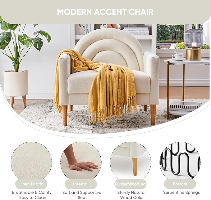 Accent Chair Reading Chair with Armrest Small Comfy Chair for Small Spaces Modern Linen Upholstered Armchair for Bedroom &amp Living Room Single Sofa Chair with Wood Legs Easy Assembly (Cream)