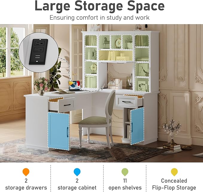 Bellemave L-Shaped Computer Desk with 2 Cabinets and 2 Drawers Home Office Desk with 11 Open Shelves and 1 Right Flip Shelf Corner Desk for Study Living Room and Office (Off White