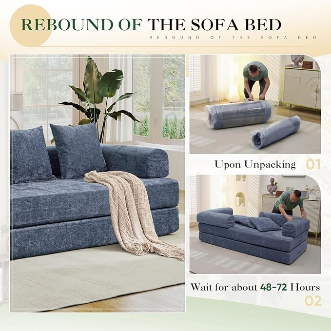 3 in 1 Convertible Futon Sofa Bed Modern King Size Chenille Loveseat Sleeper Sofa Folding 3-Seater Foldable Lounger Couch Bed for Living Room Bedroom Guest Room (Blue 3 Throw Pillows)