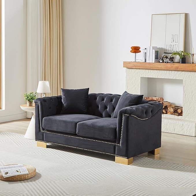KEIKI 62 Chesterfield Sofa Retro Style Upholstered 2 Seat Sofa Rolled Arm Tucked-in Nailhead Decor Cloud Couch for Living Room Bedroom Office Black