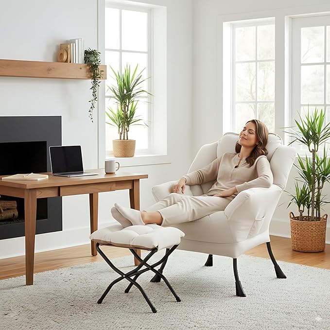 LITA Lazy Chair with Ottoman Modern Accent Leisure Upholstered Sofa Contemporary Lounge Reading Chair with Armrests and a Side Pocket for Living Room Bedroom &amp Small Space Beige