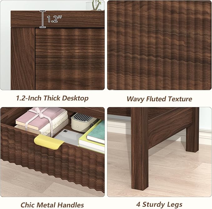 Fluted Computer Desk with 2 Drawers 39 Inch Small Computer Desk with Storage Compact Writing Study Desk for Small Spaces Walnut