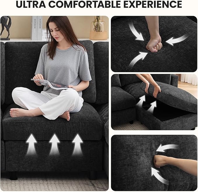 116'' 4-Seater Modular Sectional Cloud Sofa with Ottoman Convertible L-Shaped Couch for Living Room Modern Deep Seat Modular Sofa Chenille Dark Grey