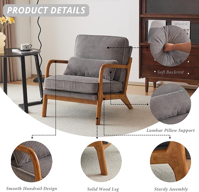 Karl home Mid-Century Modern Accent Chair Living Room Chairs with Pillow Corduroy Upholstered Lounge Armchair with Solid Wood Frame &amp Soft Cushion for Bedroom Reading Room Gray