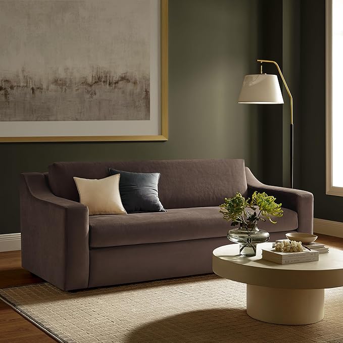 Modway Liora 87 Inch Stain-Resistant Performance Velvet Sofa in Chocolate Brown - 3 Seater Upholstered Sofa Couch for Living Room Seating - Comfy Deep Seat Sofa with Scoop Arms