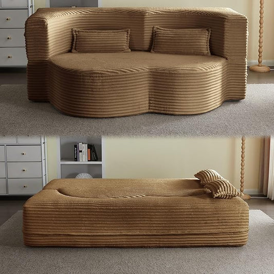 78” Corduroy Floor Sleeper Sofa Bed Modern 2 in 1 Full Size Foldable Mattress with 2 Pillows Convertible Boneless Couch with Deep Seat for Living Room No Assembly Required (Camel) | No Assembly Req