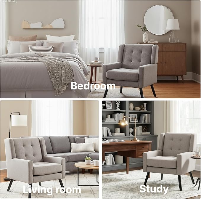 Mid-Century Modern Accent Chair Set of 2 Plush Linen Fabric with Button Tufted High Back &amp 5 Thick Cushion High Comfort Reading Chair for Living Room Bedroom Office (Light Gray)