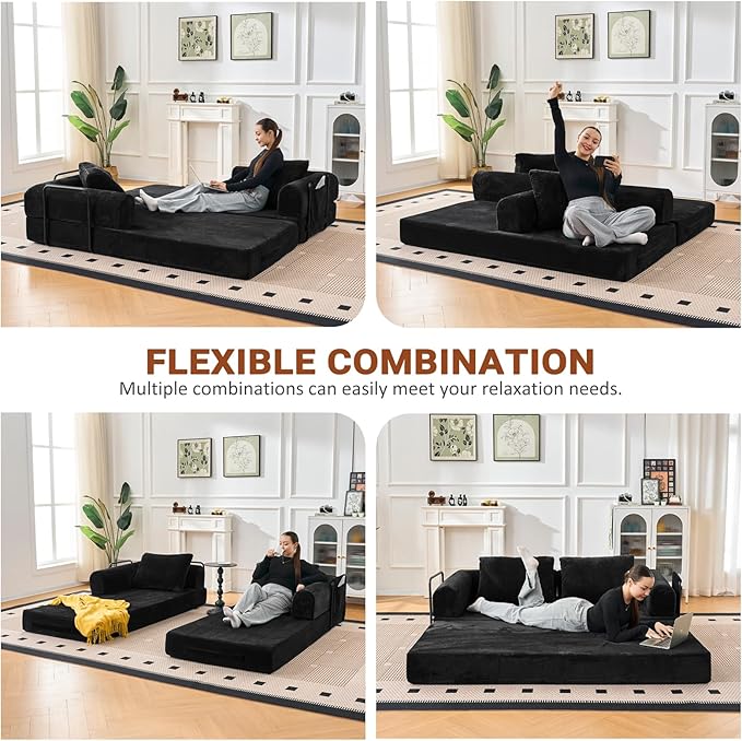 79 Convertible Sofa Bed 5-in-1Boneless Couch for Living Room with 2 Pillows Corduroy Folding Sleeper Sofa Bed Boneless Cloud Loveseat Futon Sofa Bed for Living Room Bedroom Lounge Black