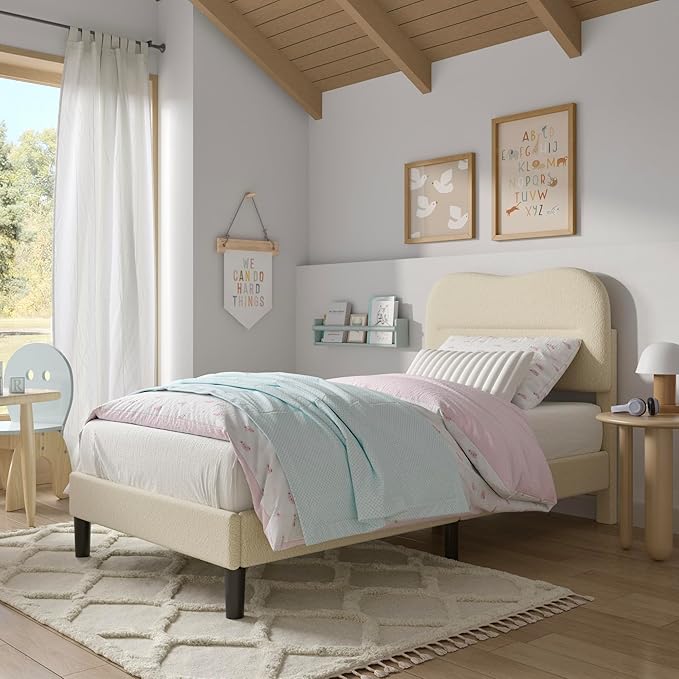Twin Bed Frames with Headboard Upholstered Bed Frame Twin Teddy Soft Boucle Fabric Twin Size bedframes Soft Cloud Marshmallow Shape Upholstered Headboard No Box Spring Needed Noise Free (Beige)