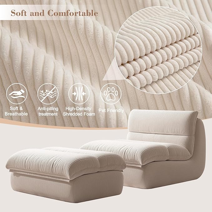 Boneless Chaise Lounge Chair Indoor Adult Bean Bag Chair with Ottoman Memory Foam Stuffed Lazy Sofa for Comfy Floor Sofa Lounge for Living Room Bedroom Office Apartment