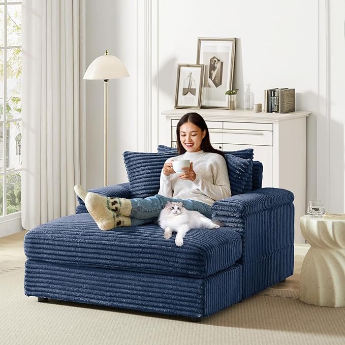 Chaise Lounge Chair Indoor 44 Inch Comfy Corduroy Sectional Cloud Couch Upholstered Single Sofa w/Movable Ottoman for Living Room Bedroom Apartment Blue