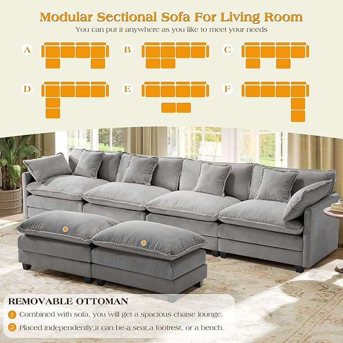 149.2 Modular Sectional SofaU Shaped Couch for Living RoomModern Deep Seat Sofa 3 Seater Chenille Fabric Comfy Cloud Couches with Throw Pillows &amp Movable Ottoman
