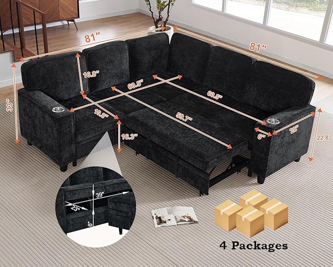 81 L Shaped Sleeper Sofa Couch with Pull Out Sofa Bed Oversized Convertible Sleeper Bed with Storage USB Ports &amp Cup Holder Sectional Couches for Living Room (Charcoal Grey)