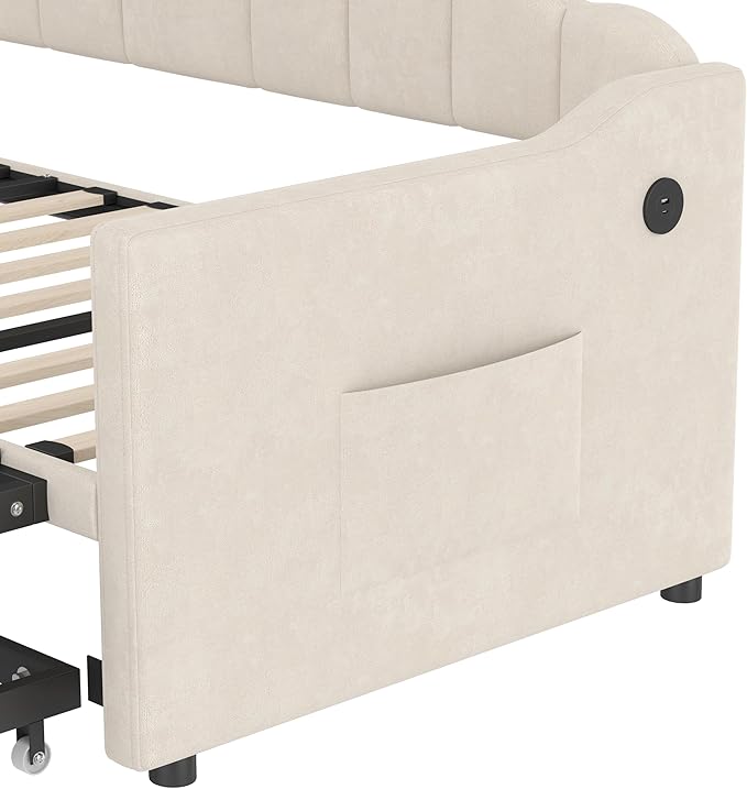 Bellemave Upholstered Twin Daybed with Pop Up Trundle USB &amp Type-C Charging Ports 2 Side Pockets No Box Spring Needed Velvet Modern Day Bed Frame (Beige)