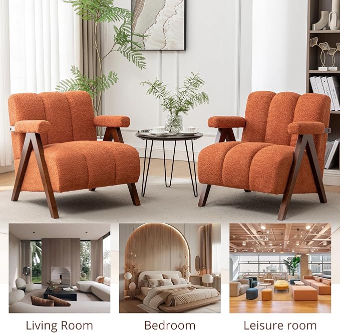 Mid Century Modern Accent Chairs Set of 2 with Solid Wood Frame Boucle Upholstered Living Room Chairs with Thick Cushion Comfy Tufted Arm Chair for Bedroom Orange