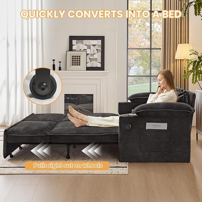 SUNWAVE 83 King Size Pull Out Sofa Bed 4-in-1 Convertible Sleeper Sofa Bed with USB Ports Cup Holders Side Pockets Corduroy Oversized Loveseat Chaise Lounge for Living Room Small Space