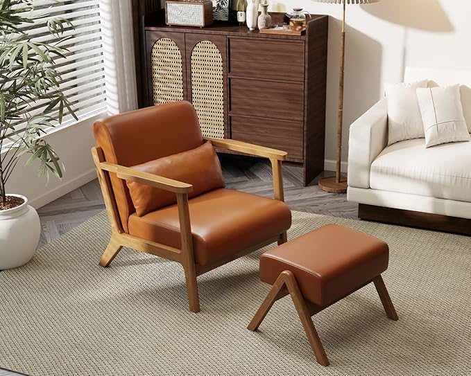 Accent Chair and Ottoman Set Mid-Century Modern Faux Leather Armchair with Solid Wood Frame for Living Room Bedroom Balcony Brown